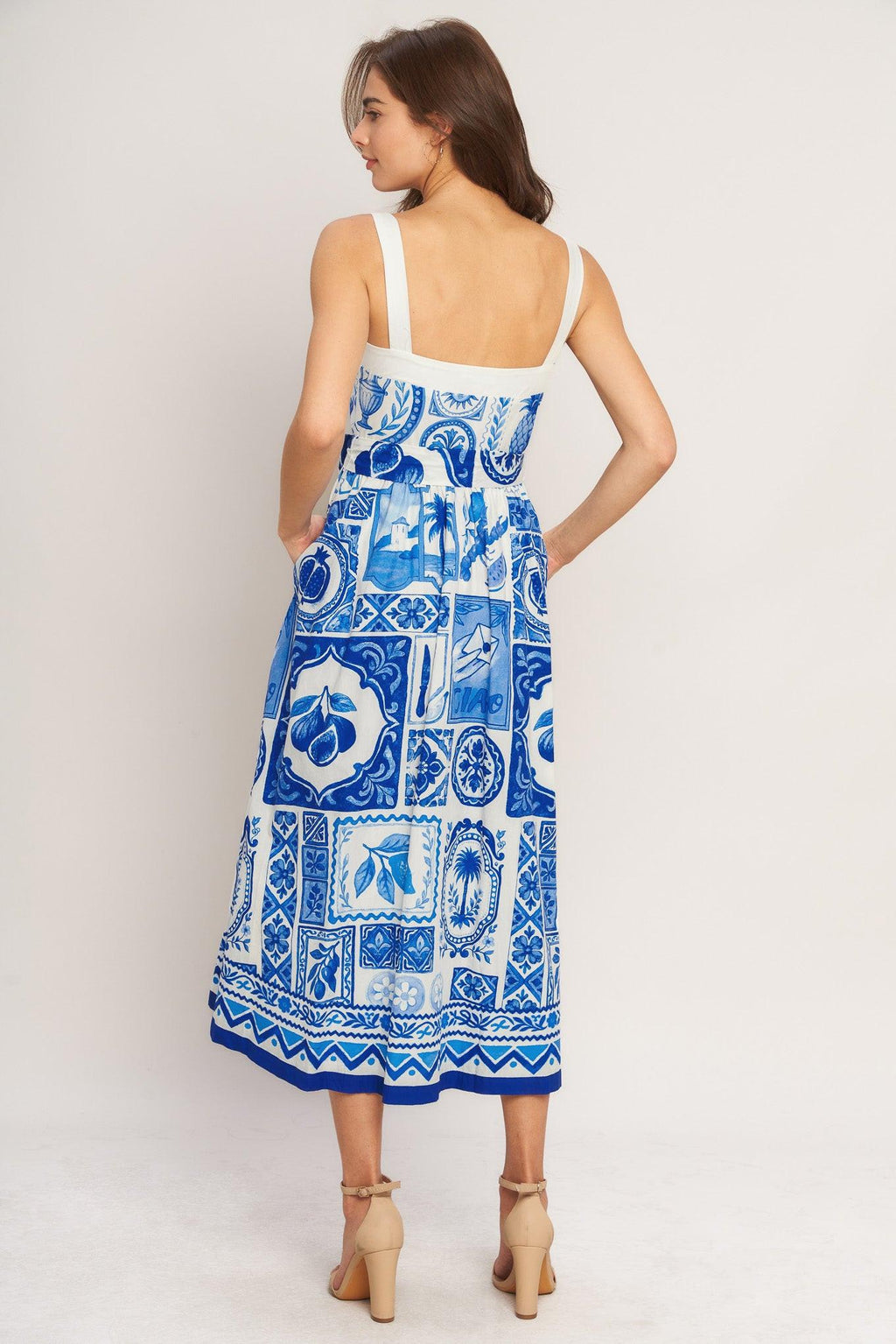 BLUE MAJOLICA CHARM WOVEN MIDI DRESS Flying Tomato
