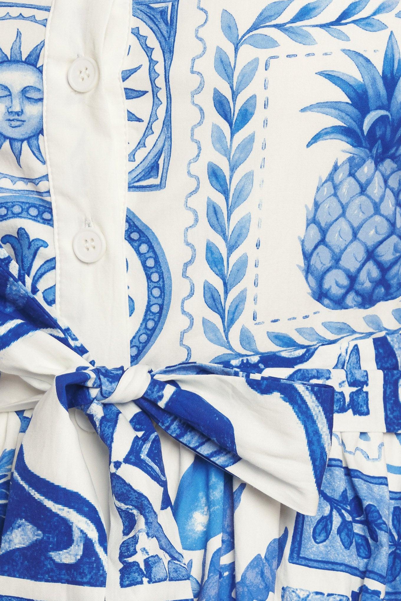 BLUE MAJOLICA CHARM WOVEN MIDI DRESS Flying Tomato