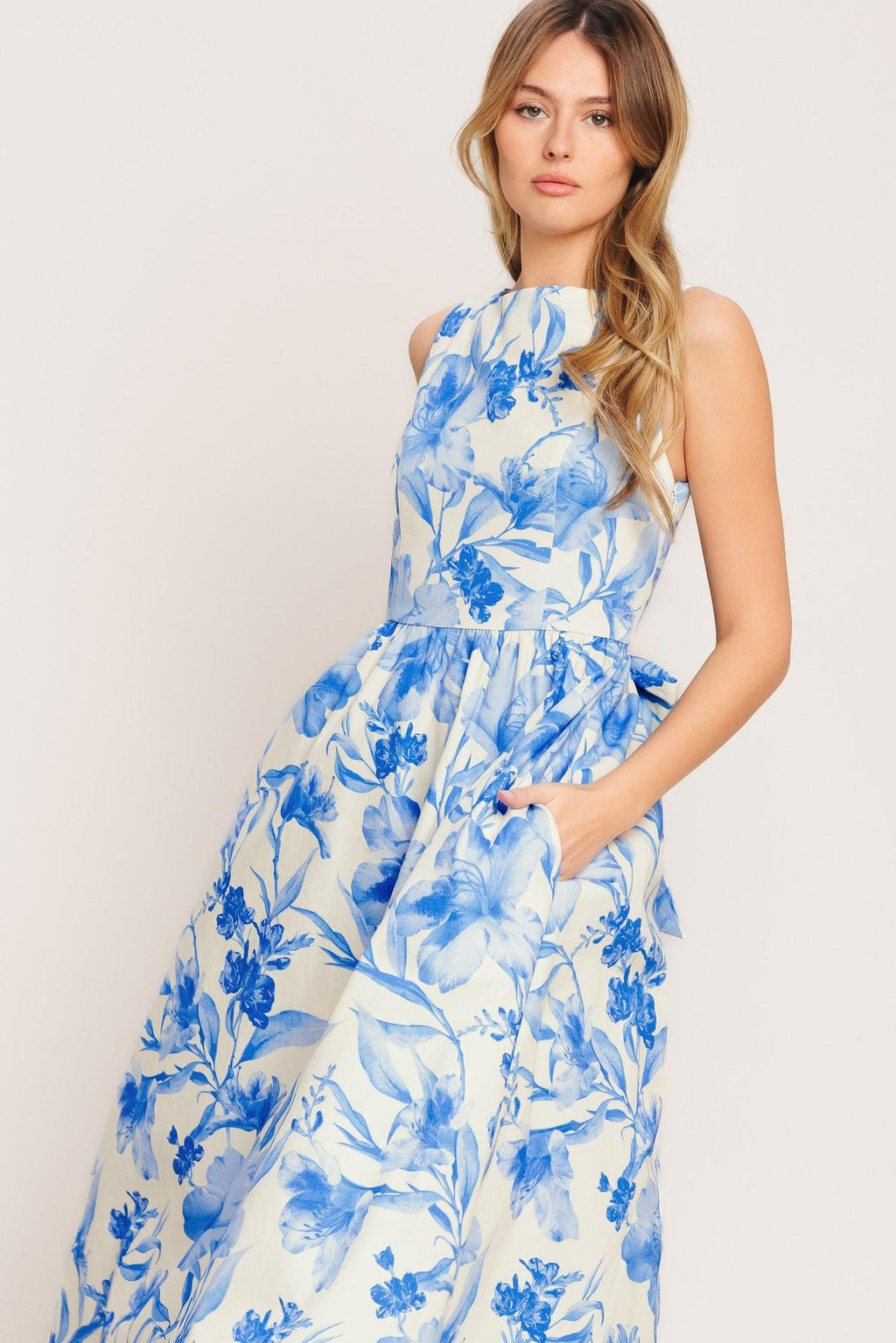 PORCELAIN FLORAL WOVEN MIDI DRESS Flying Tomato