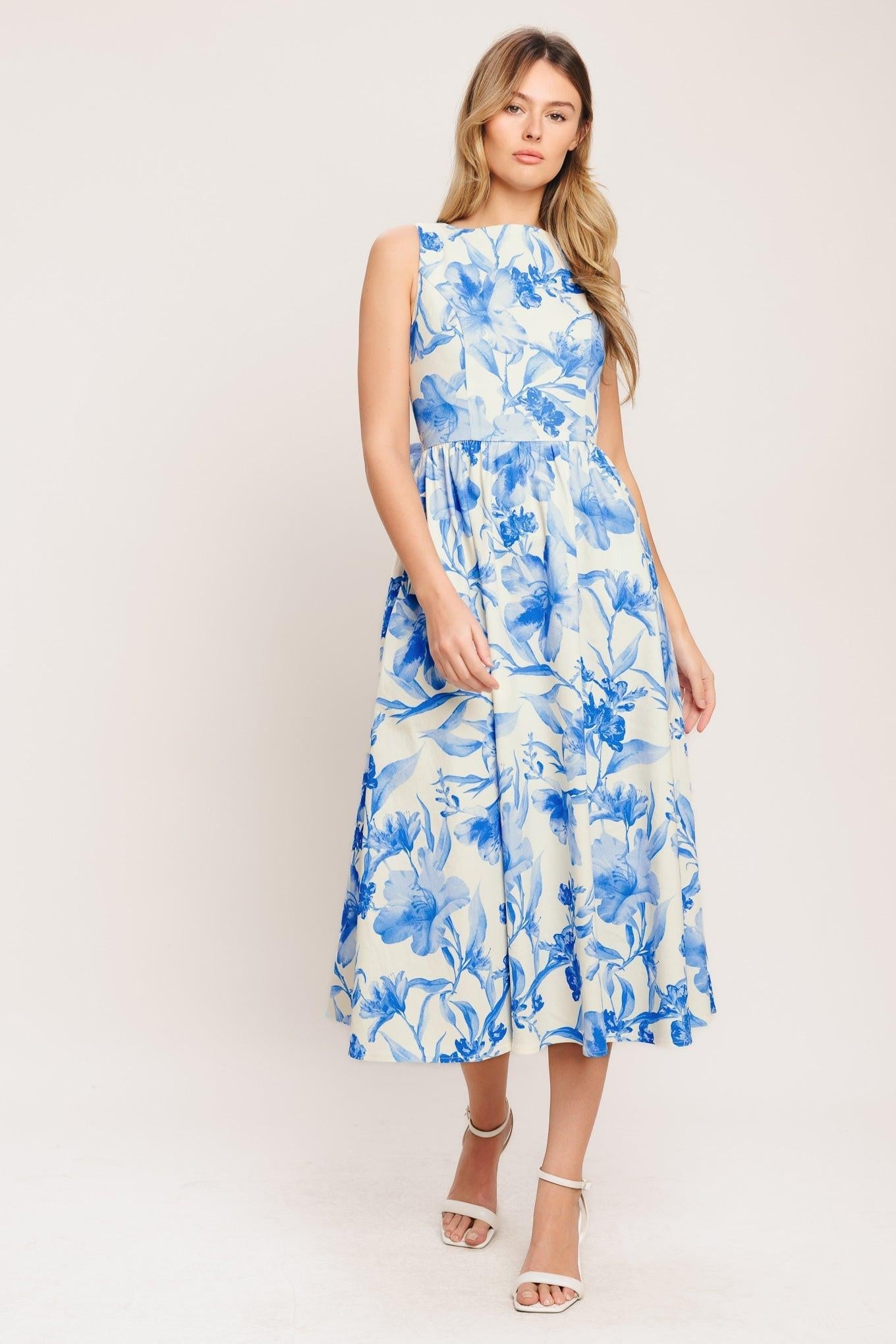 PORCELAIN FLORAL WOVEN MIDI DRESS Flying Tomato