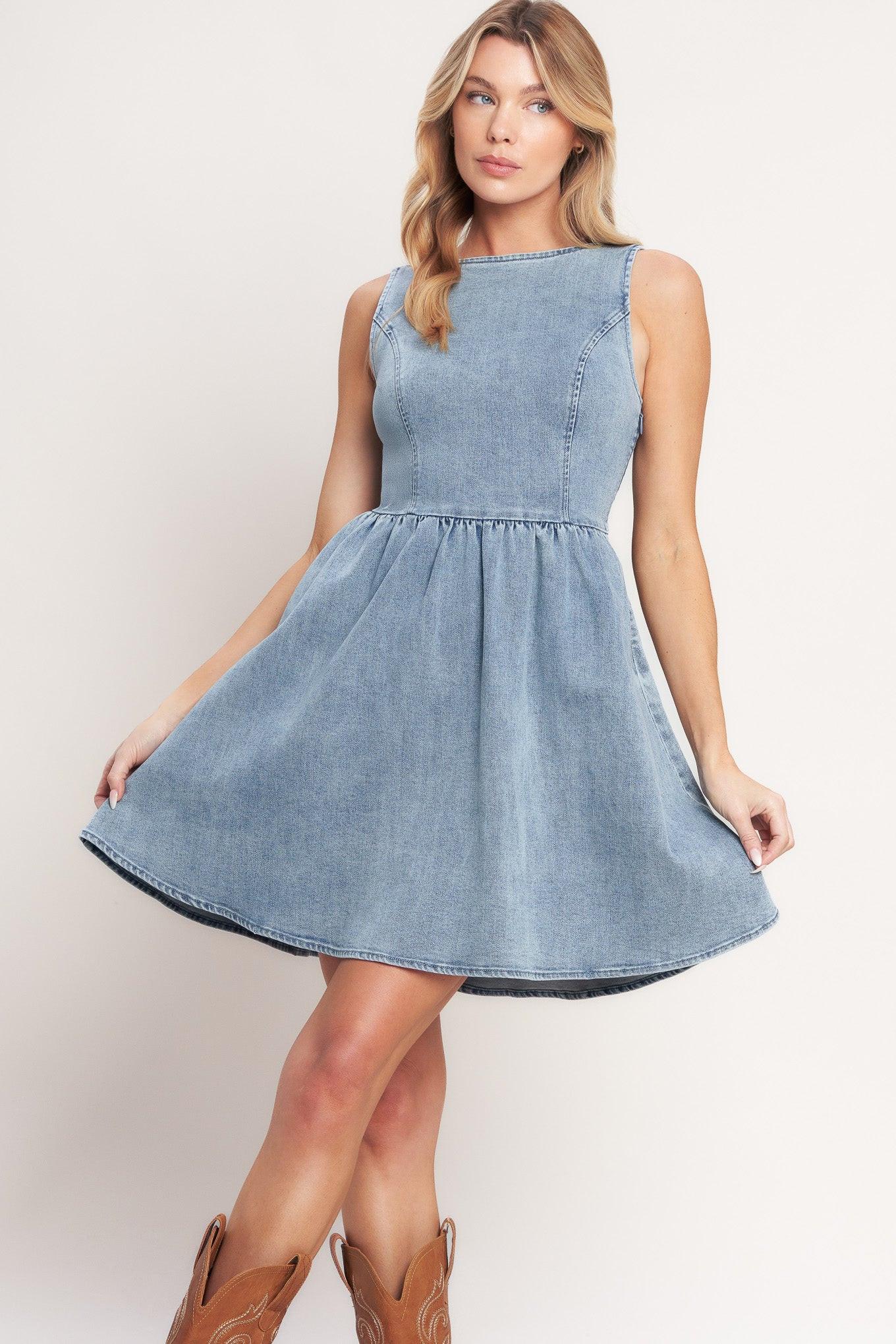 CASUAL POLISHED DENIM MINI DRESS Flying Tomato