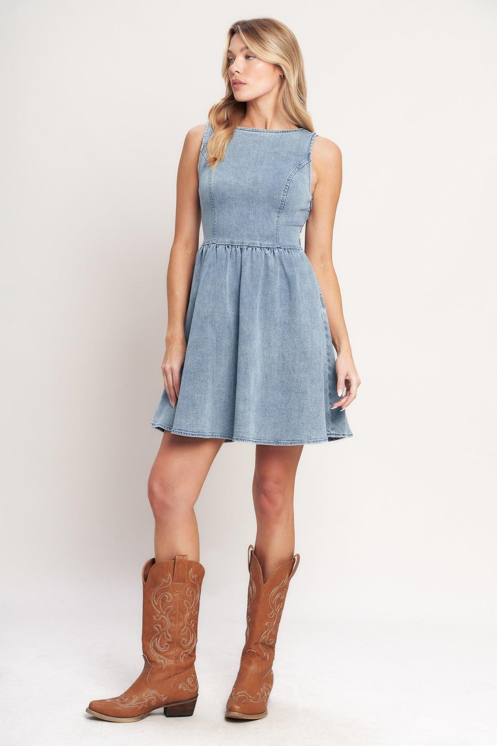CASUAL POLISHED DENIM MINI DRESS Flying Tomato