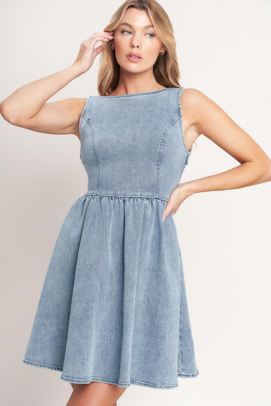 CASUAL POLISHED DENIM MINI DRESS Flying Tomato