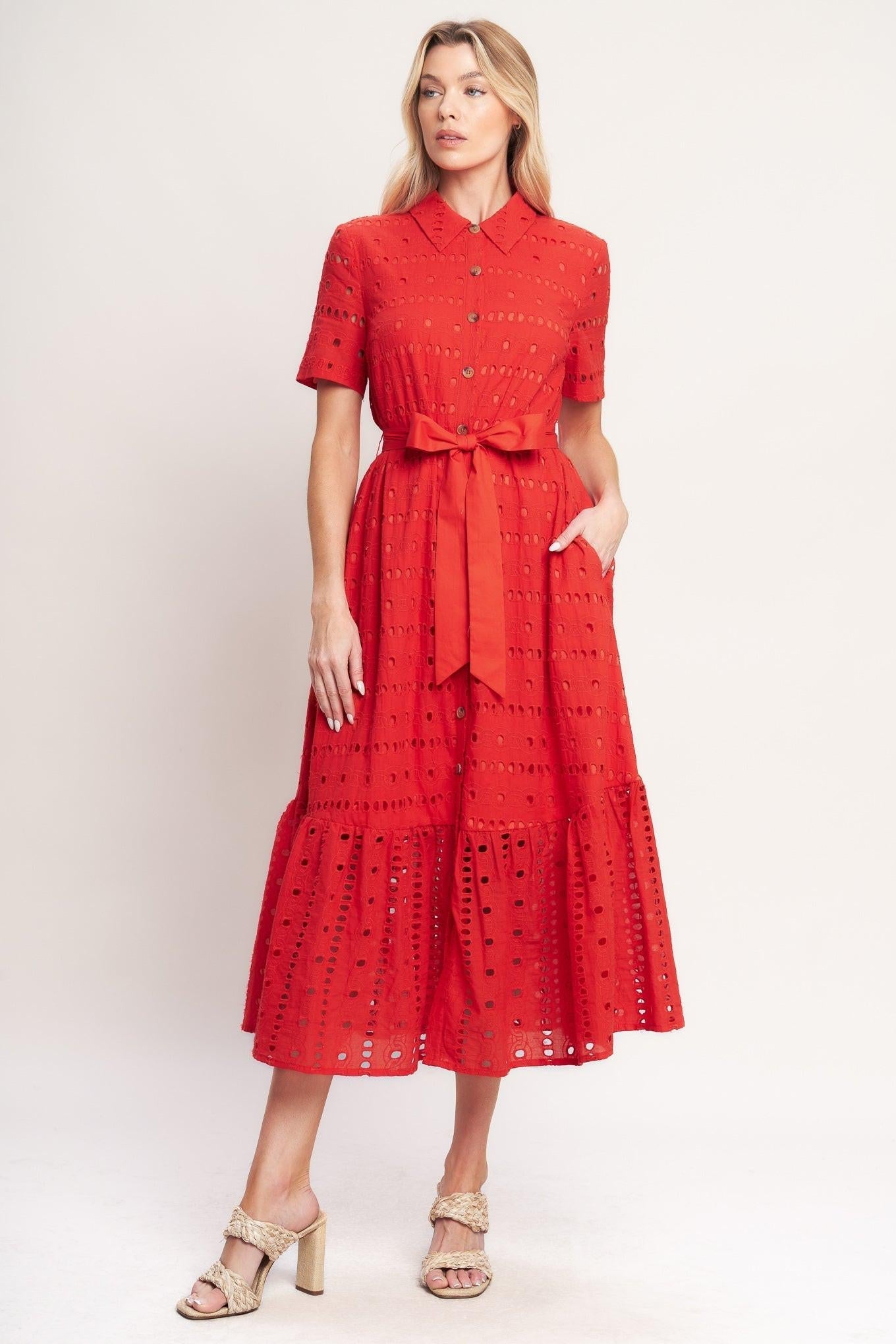 POWER SCARLET WOVEN EYELET MIDI DRESS Flying Tomato