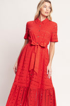 POWER SCARLET WOVEN EYELET MIDI DRESS Flying Tomato