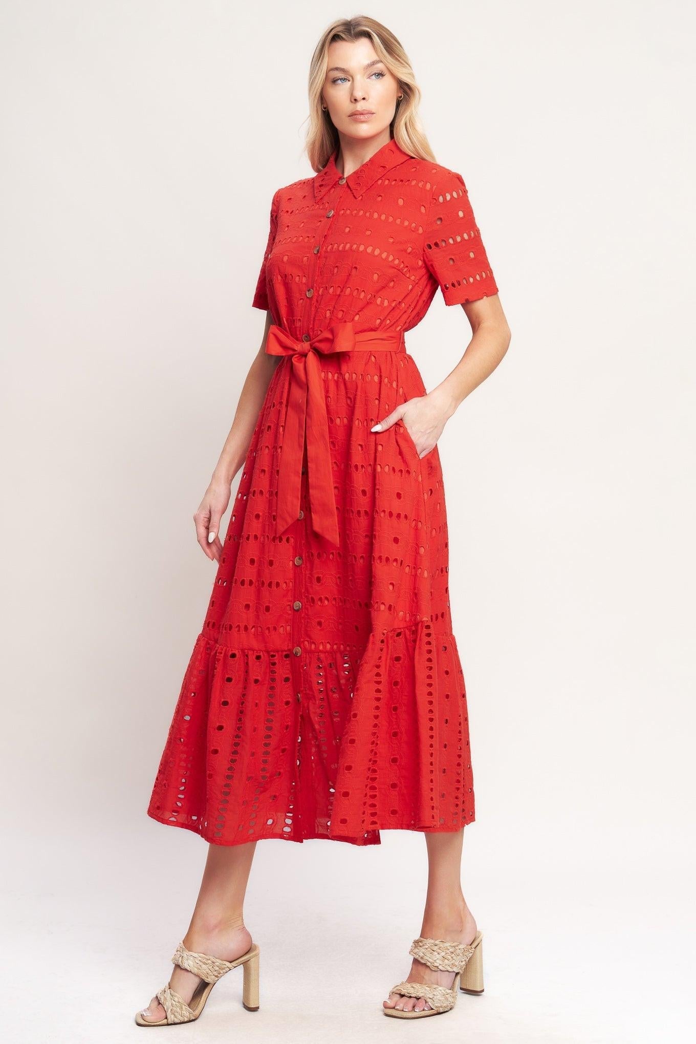 POWER SCARLET WOVEN EYELET MIDI DRESS Flying Tomato