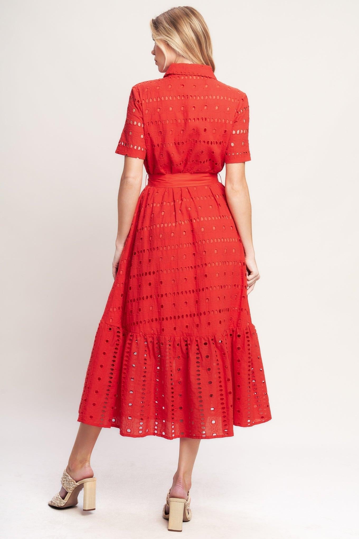 POWER SCARLET WOVEN EYELET MIDI DRESS Flying Tomato