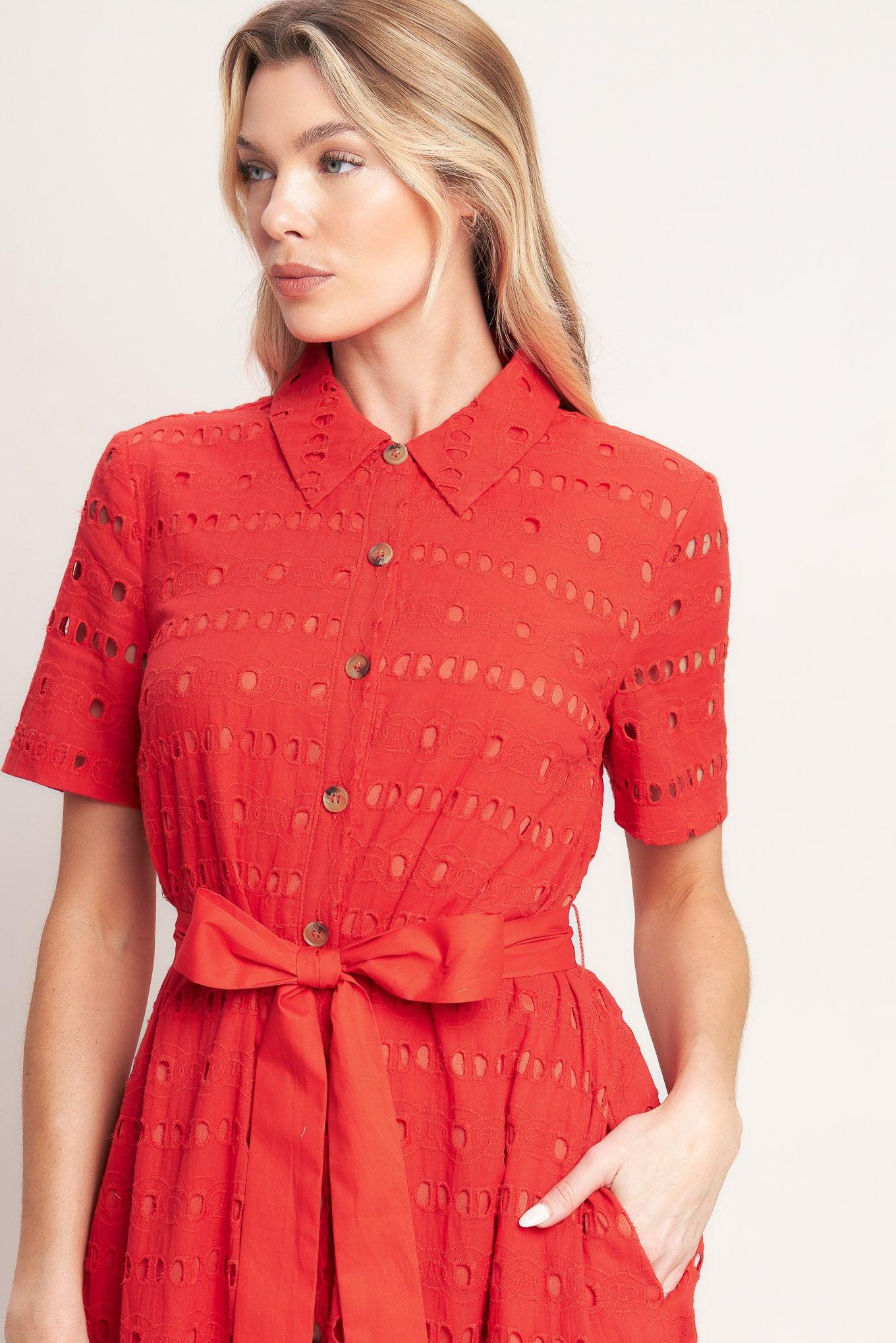 POWER SCARLET WOVEN EYELET MIDI DRESS Flying Tomato