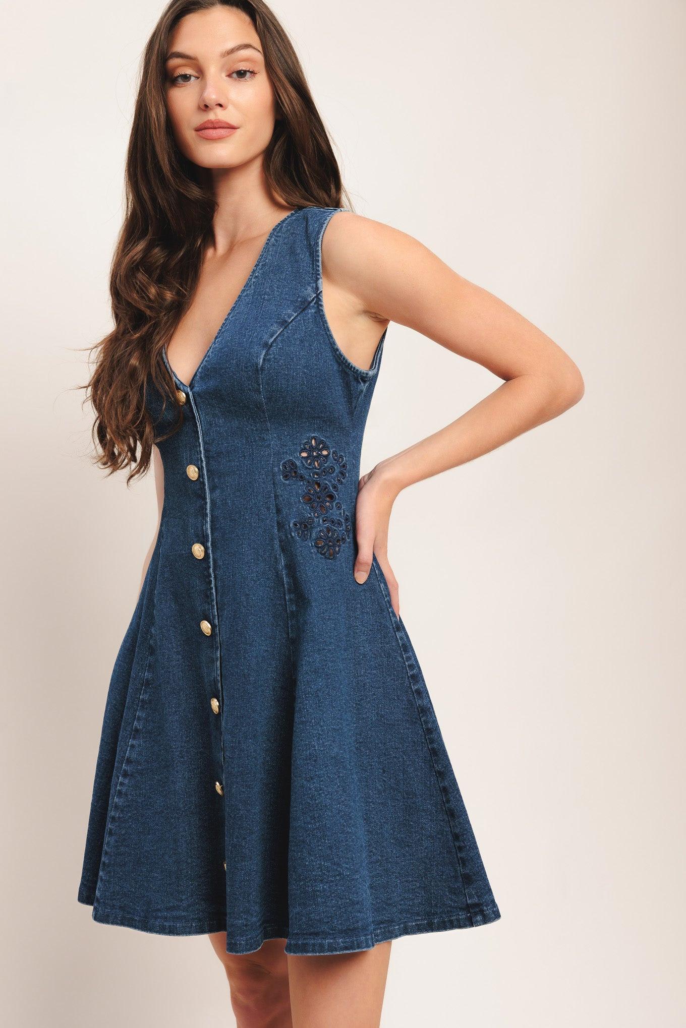 INDIGO FLARE DENIM MINI DRESS Flying Tomato