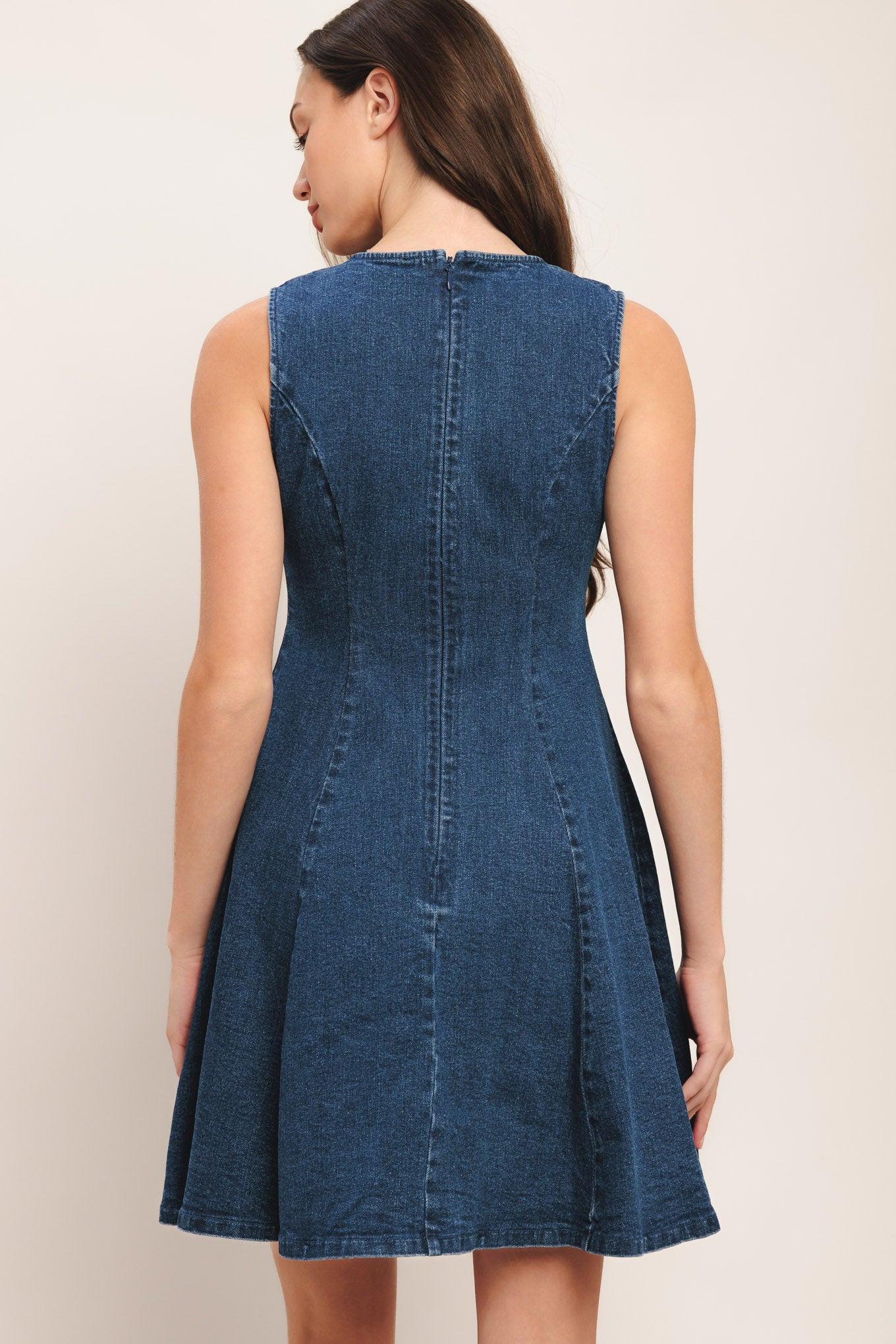 INDIGO FLARE DENIM MINI DRESS Flying Tomato