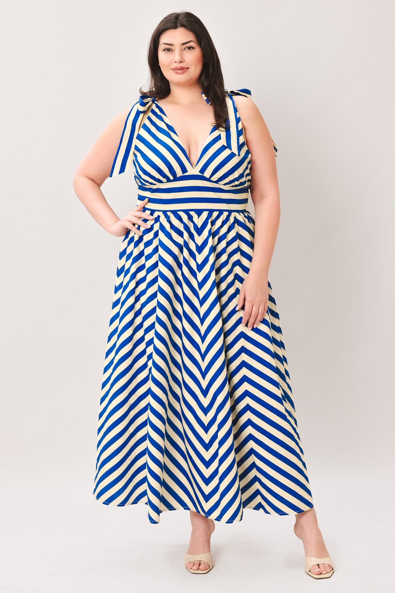 BLUE VOYAGE STRIPE WOVEN MIDI DRESS Flying Tomato