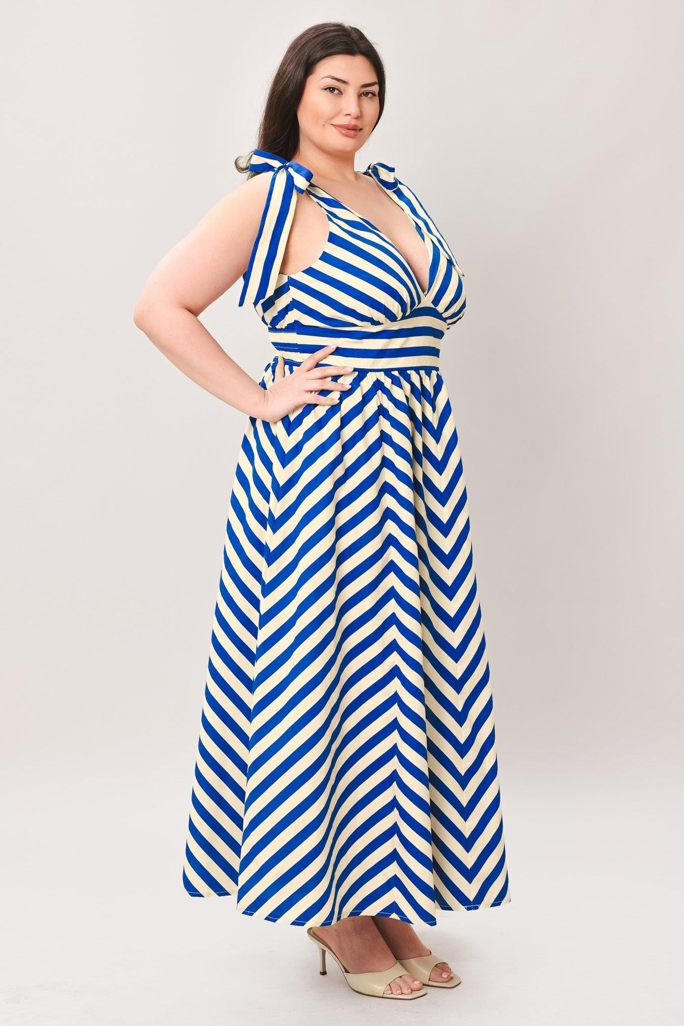BLUE VOYAGE STRIPE WOVEN MIDI DRESS Flying Tomato