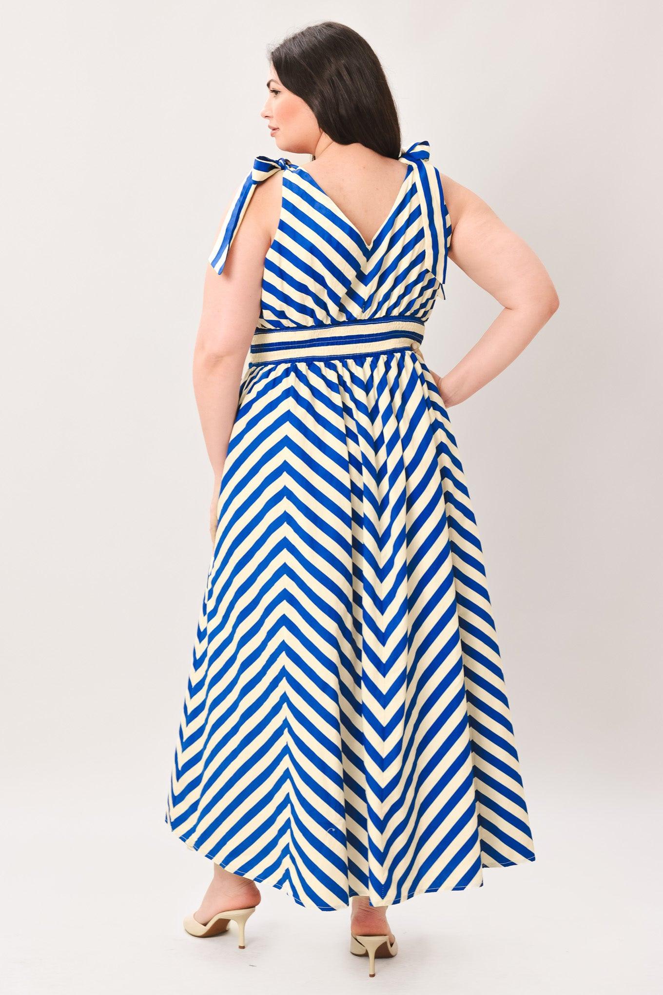 BLUE VOYAGE STRIPE WOVEN MIDI DRESS Flying Tomato