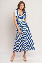 BLUE VOYAGE STRIPE WOVEN MIDI DRESS Flying Tomato