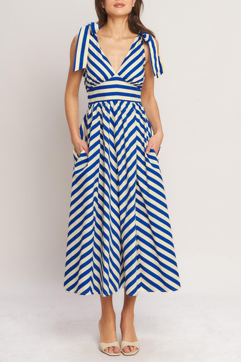BLUE VOYAGE STRIPE WOVEN MIDI DRESS Flying Tomato