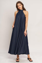 MIDNIGHT FLOW WOVEN MIDI HALTER DRESS Flying Tomato