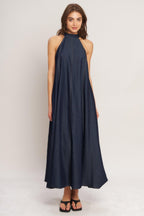 MIDNIGHT FLOW WOVEN MIDI HALTER DRESS Flying Tomato