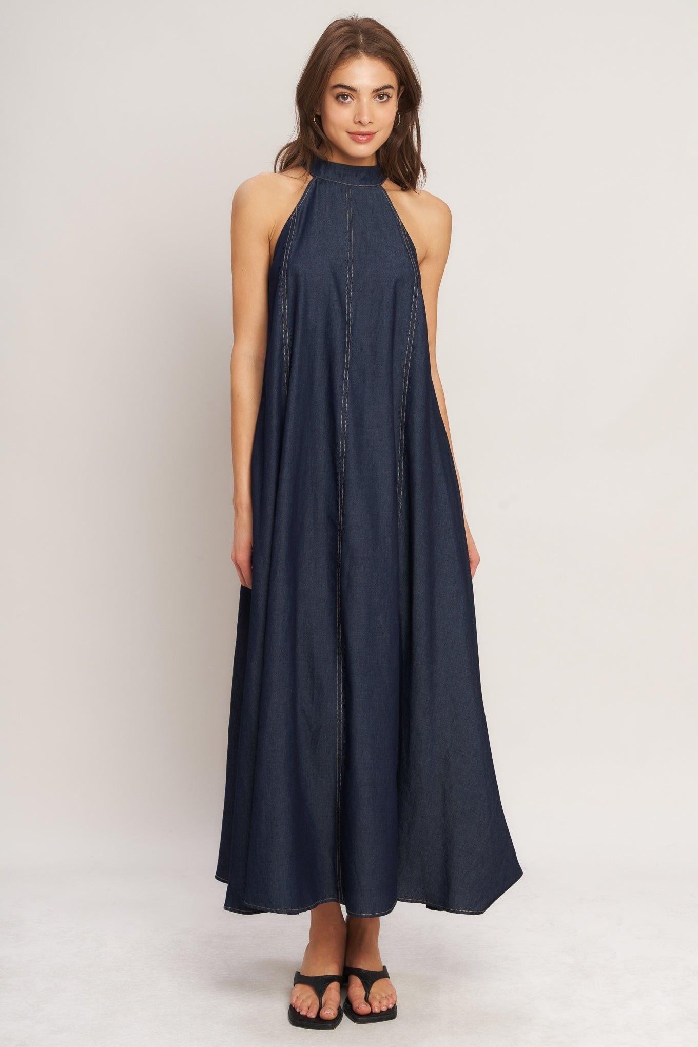 MIDNIGHT FLOW WOVEN MIDI HALTER DRESS Flying Tomato
