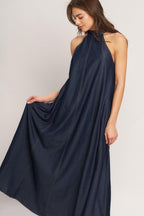 MIDNIGHT FLOW WOVEN MIDI HALTER DRESS Flying Tomato