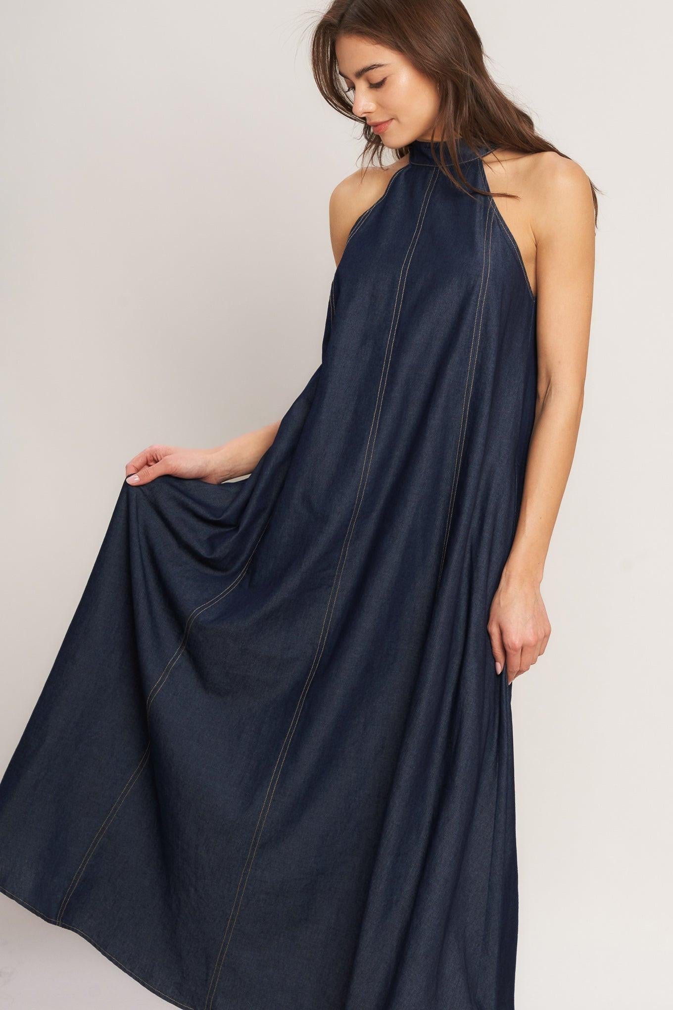 MIDNIGHT FLOW WOVEN MIDI HALTER DRESS Flying Tomato