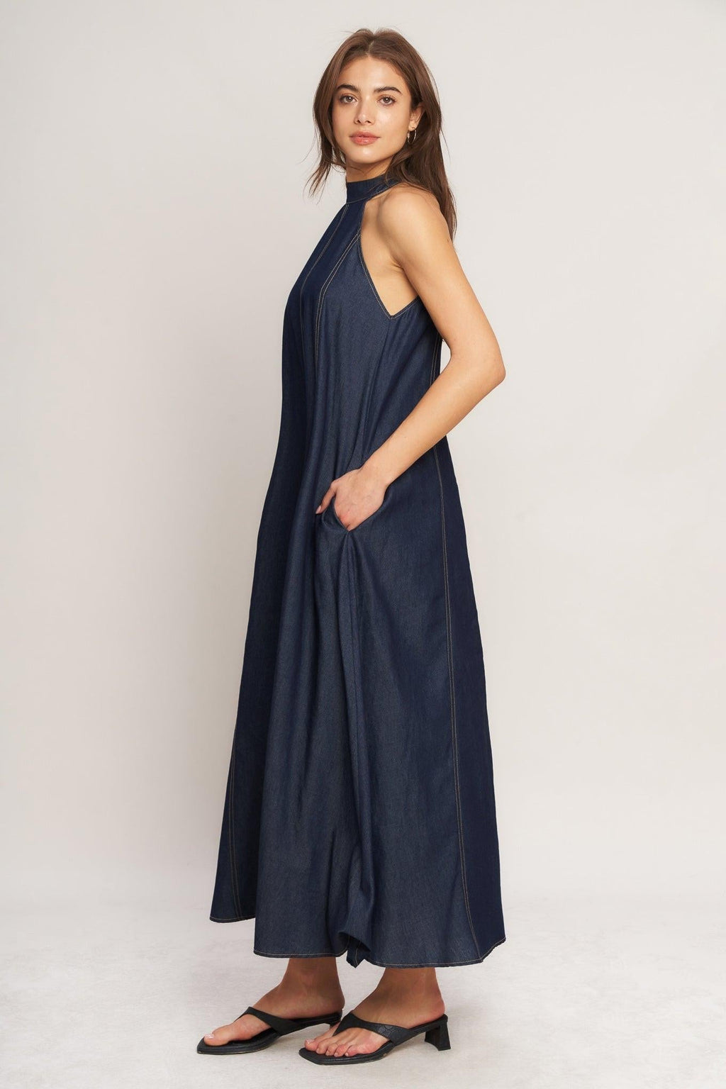 MIDNIGHT FLOW WOVEN MIDI HALTER DRESS Flying Tomato