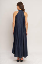 MIDNIGHT FLOW WOVEN MIDI HALTER DRESS Flying Tomato
