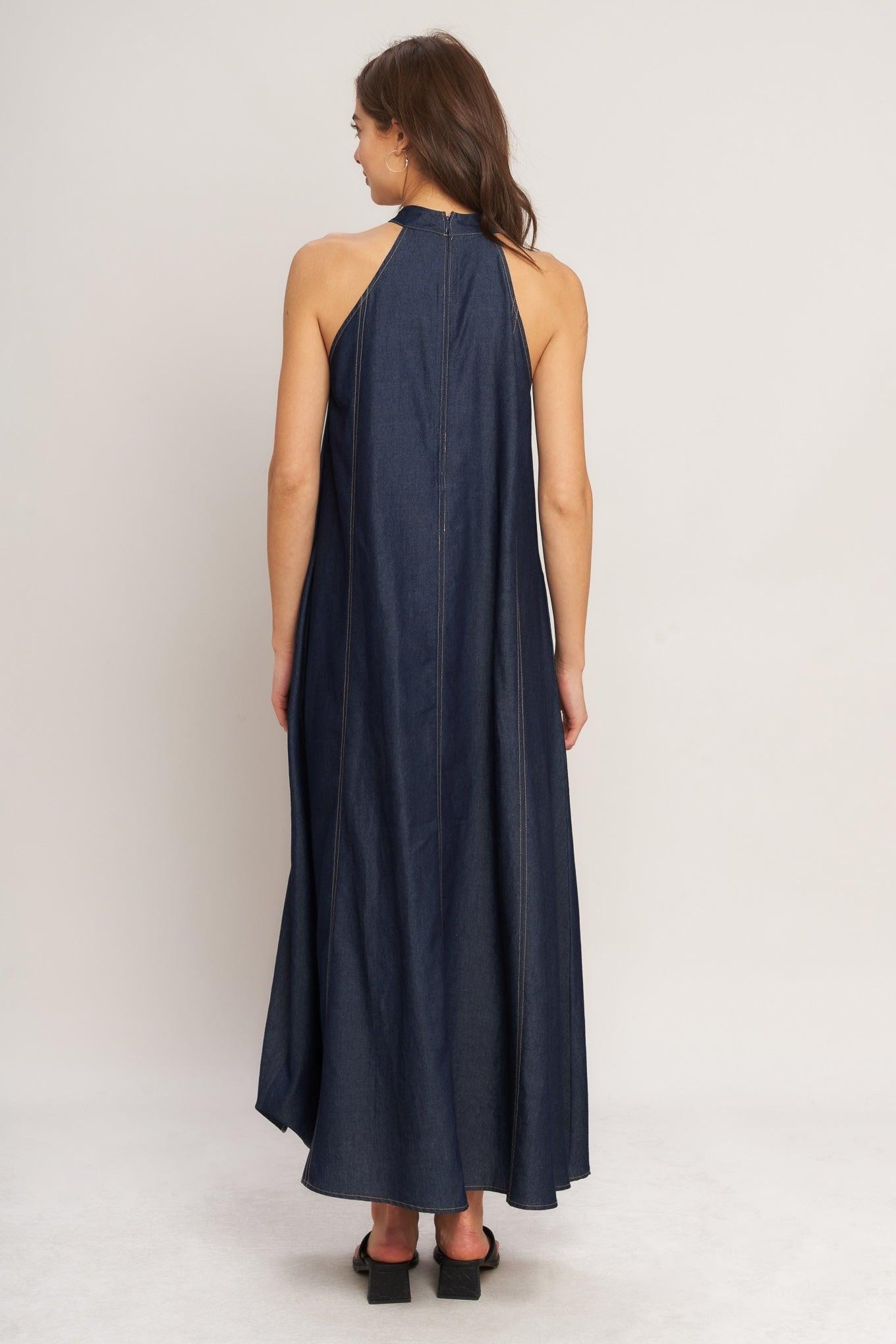 MIDNIGHT FLOW WOVEN MIDI HALTER DRESS Flying Tomato
