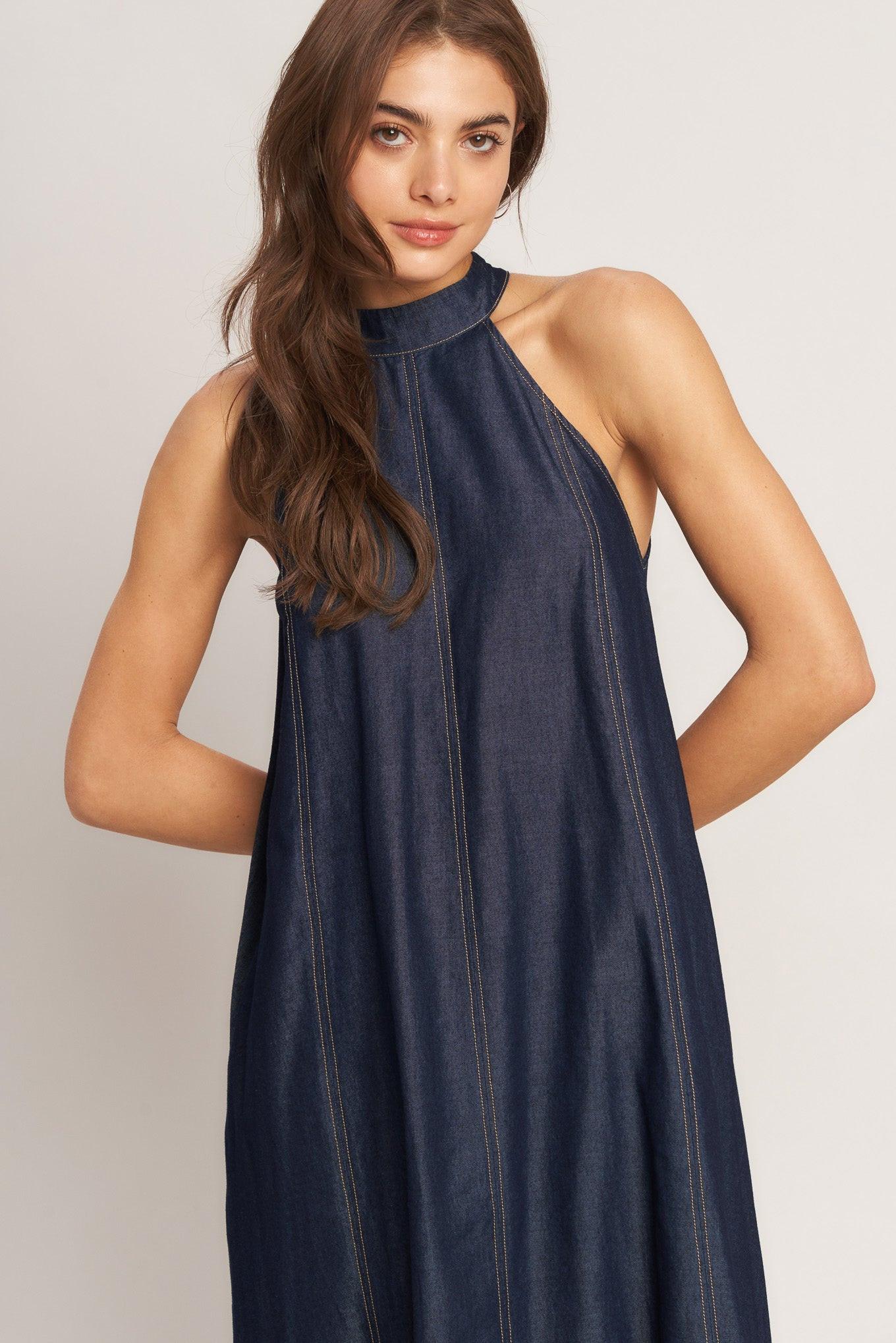 MIDNIGHT FLOW WOVEN MIDI HALTER DRESS Flying Tomato