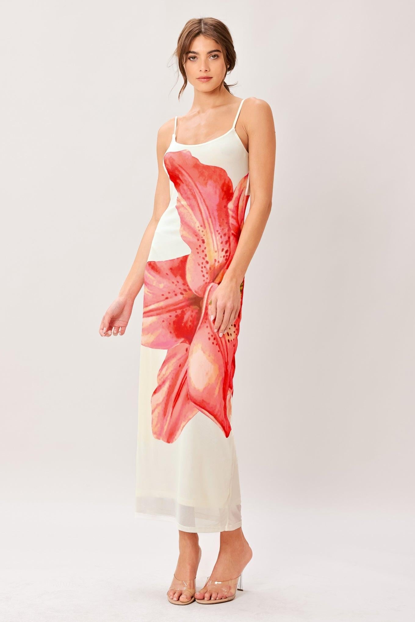 BLOOM STATEMENT POWER MESH CAMI MIDI DRESS Flying Tomato