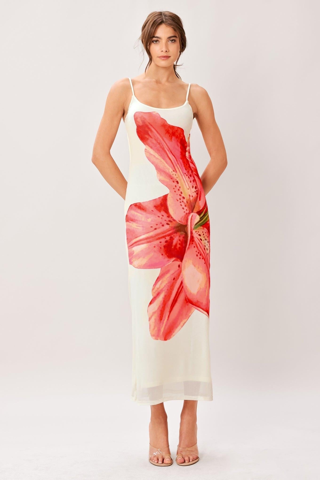 BLOOM STATEMENT POWER MESH CAMI MIDI DRESS Flying Tomato