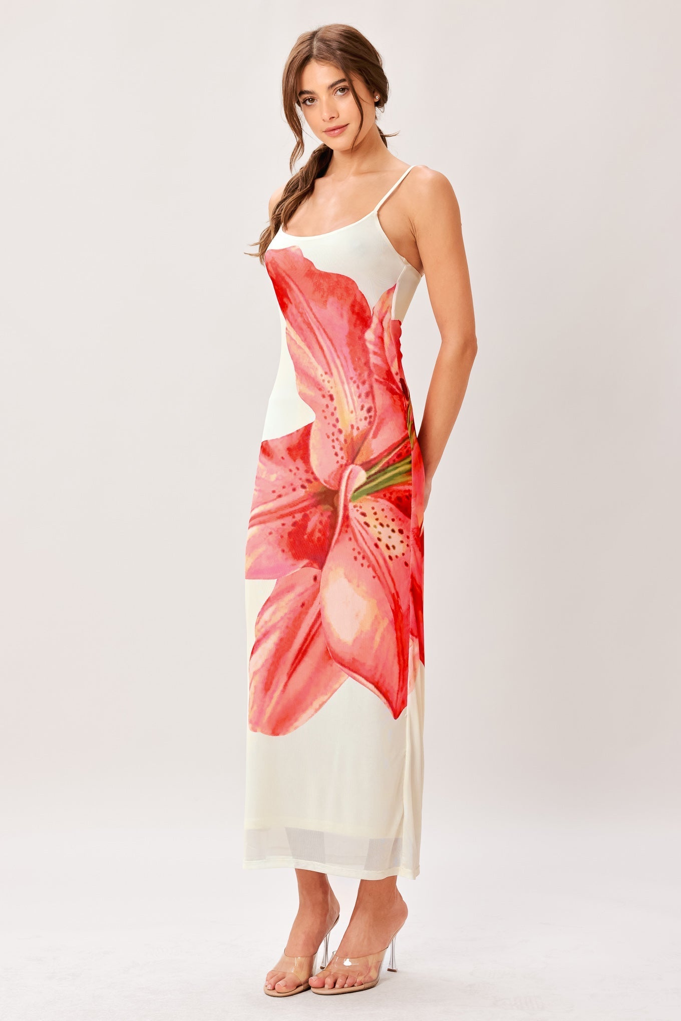 BLOOM STATEMENT POWER MESH CAMI MIDI DRESS Flying Tomato