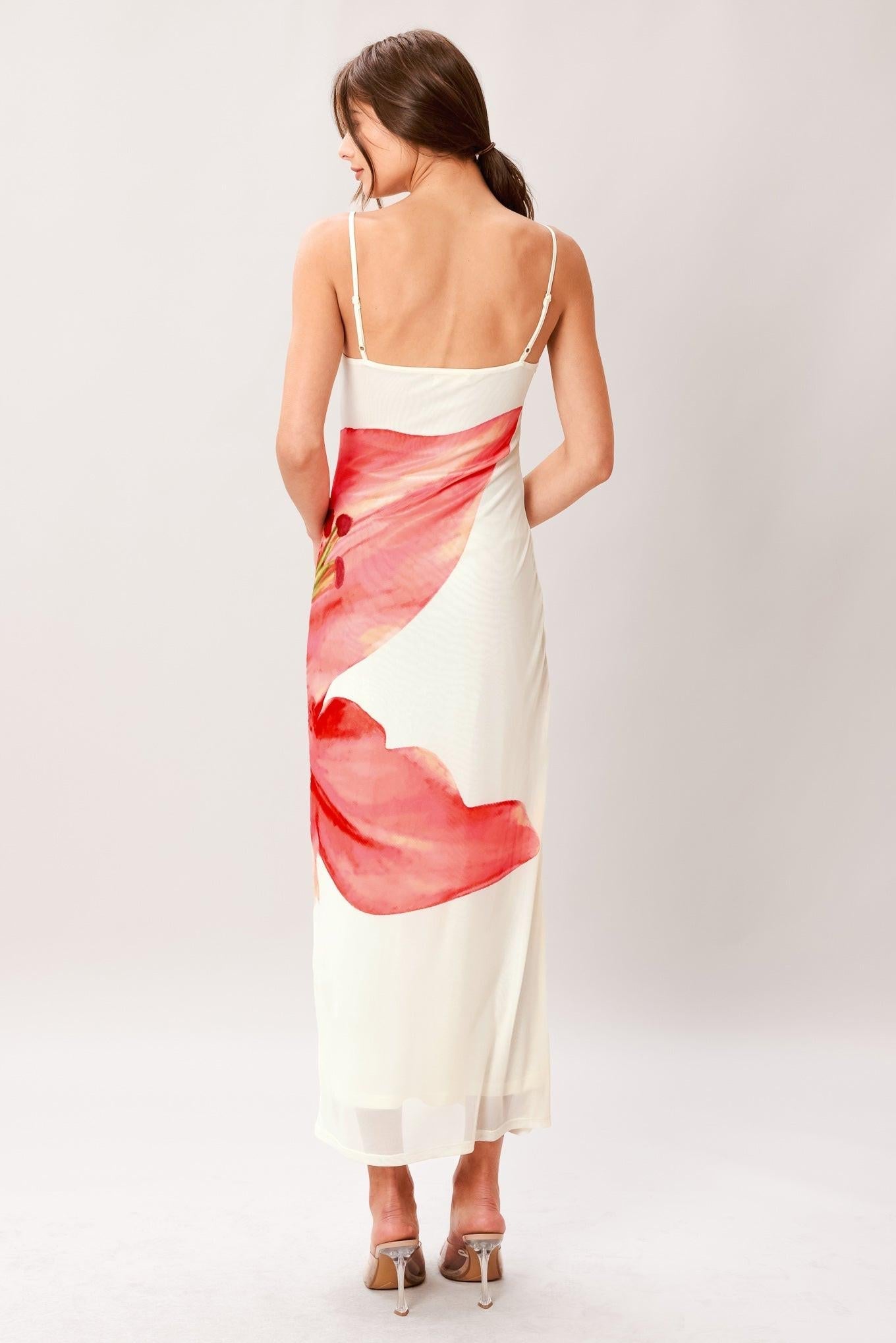 BLOOM STATEMENT POWER MESH CAMI MIDI DRESS Flying Tomato