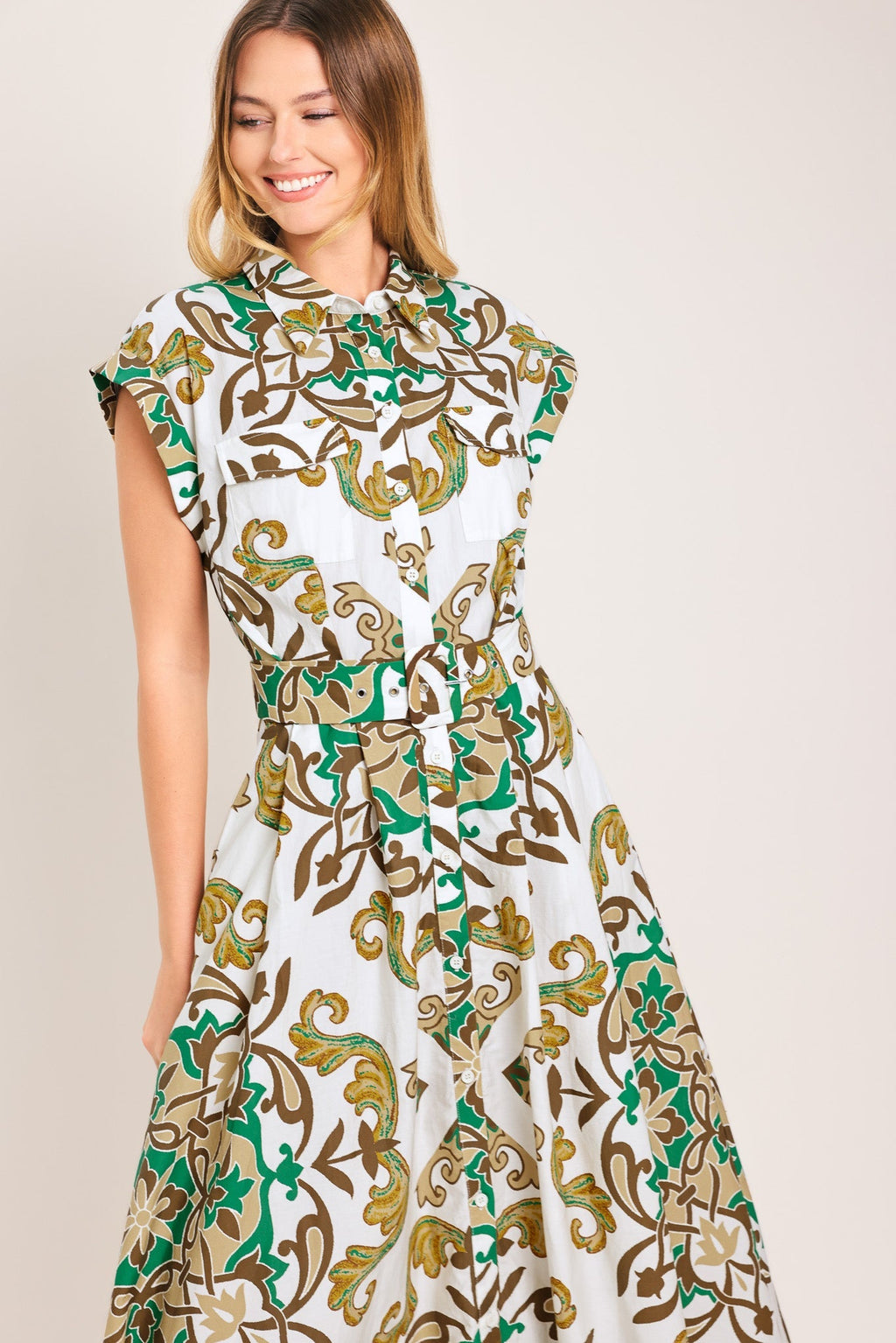 EMERALD ORNATE WOVEN MIDI SHIRT DRESS Flying Tomato