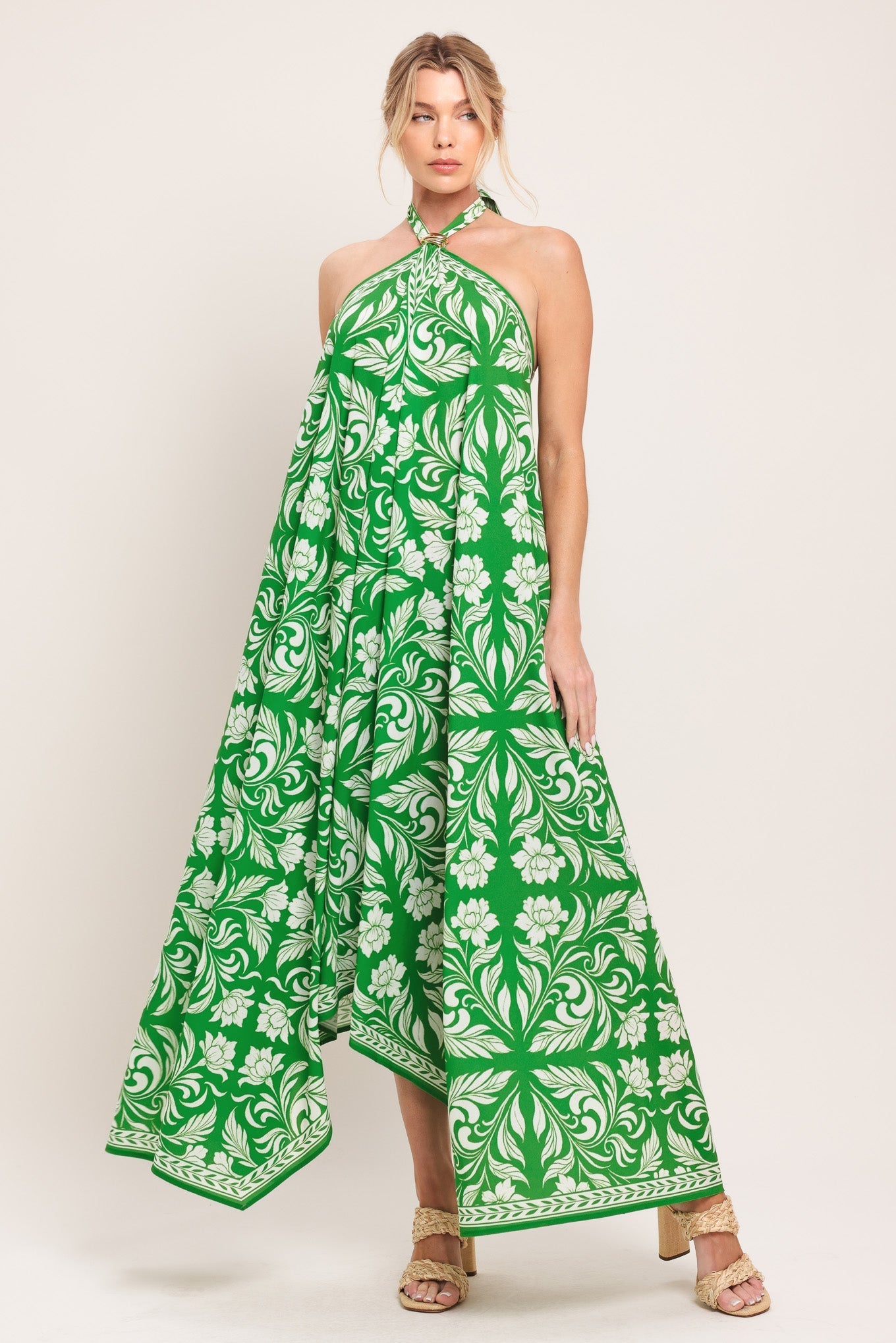 EMERALD BLOOM WOVEN MIDI SCARF DRESS Flying Tomato