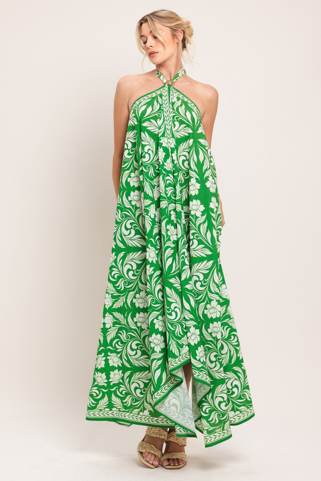 EMERALD BLOOM WOVEN MIDI SCARF DRESS Flying Tomato