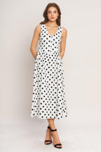 VINTAGE WHISPER POLKA WOVEN MIDI DRESS Flying Tomato