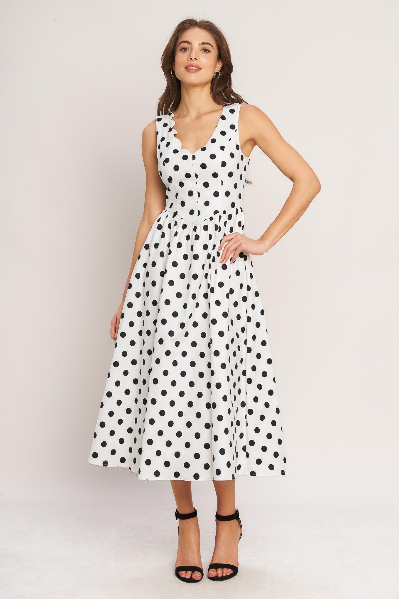 VINTAGE WHISPER POLKA WOVEN MIDI DRESS Flying Tomato