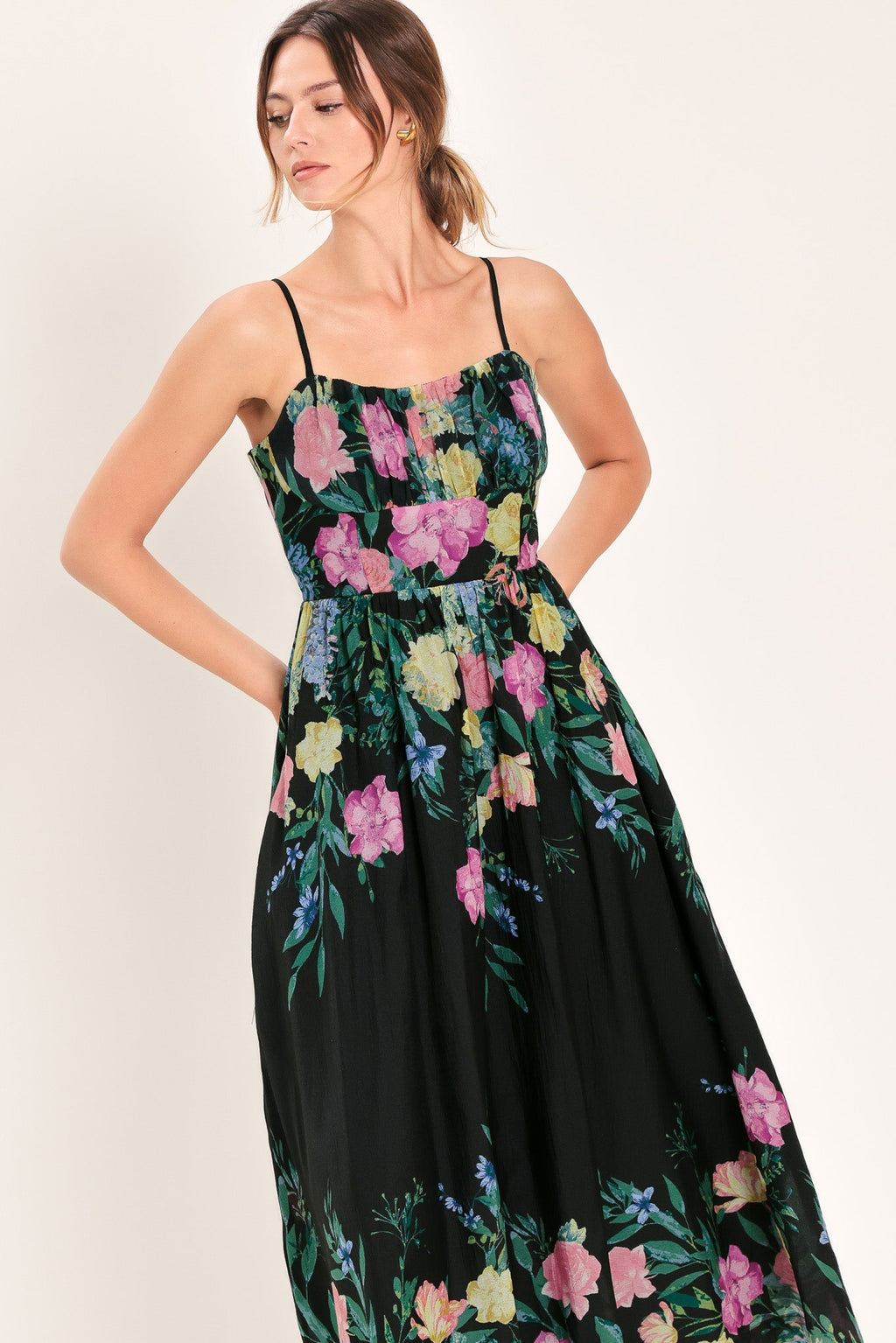 SHADOW FLORAL WOVEN MIDI DRESS Flying Tomato