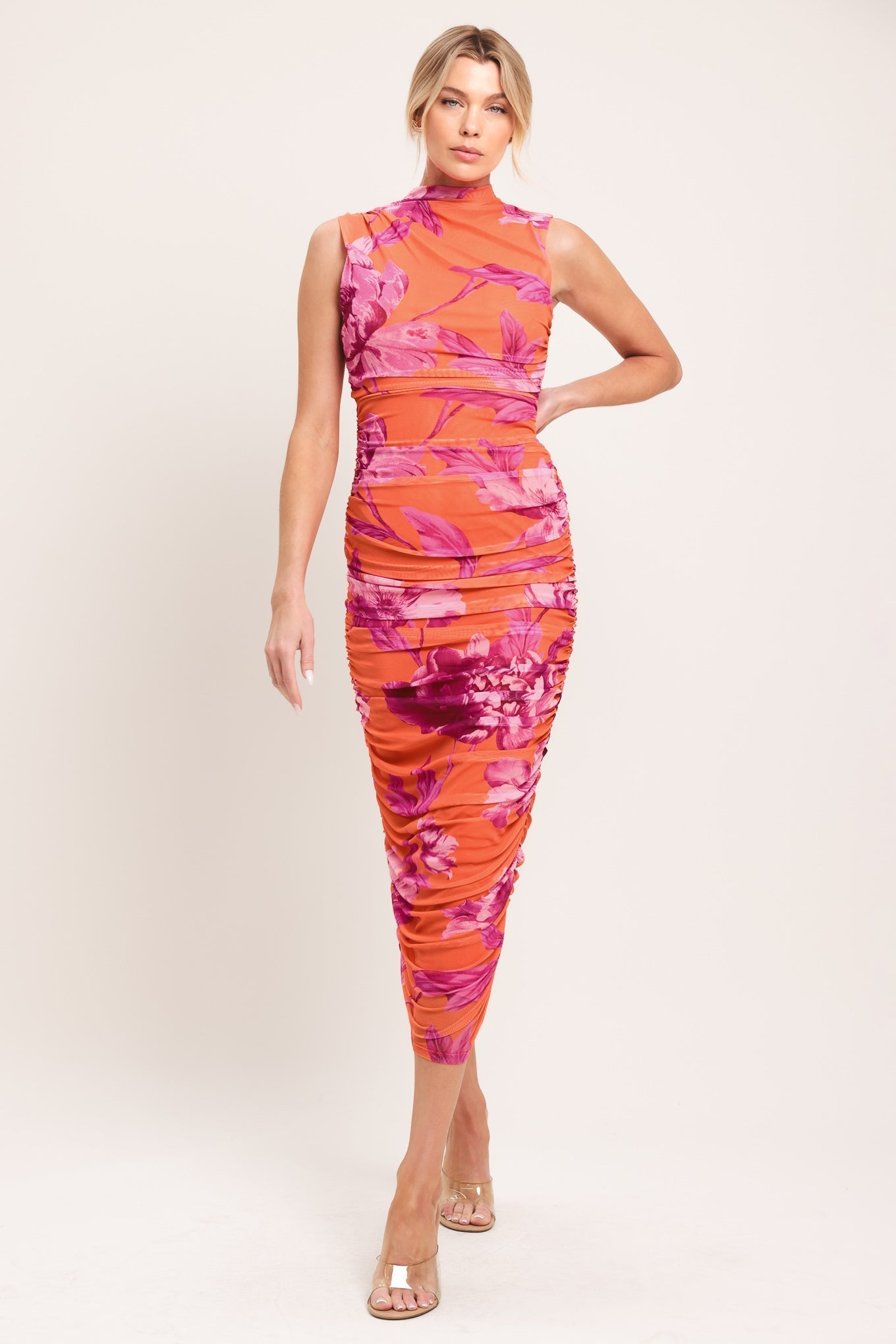 PARADISE GLOW POWER MESH MIDI DRESS Flying Tomato