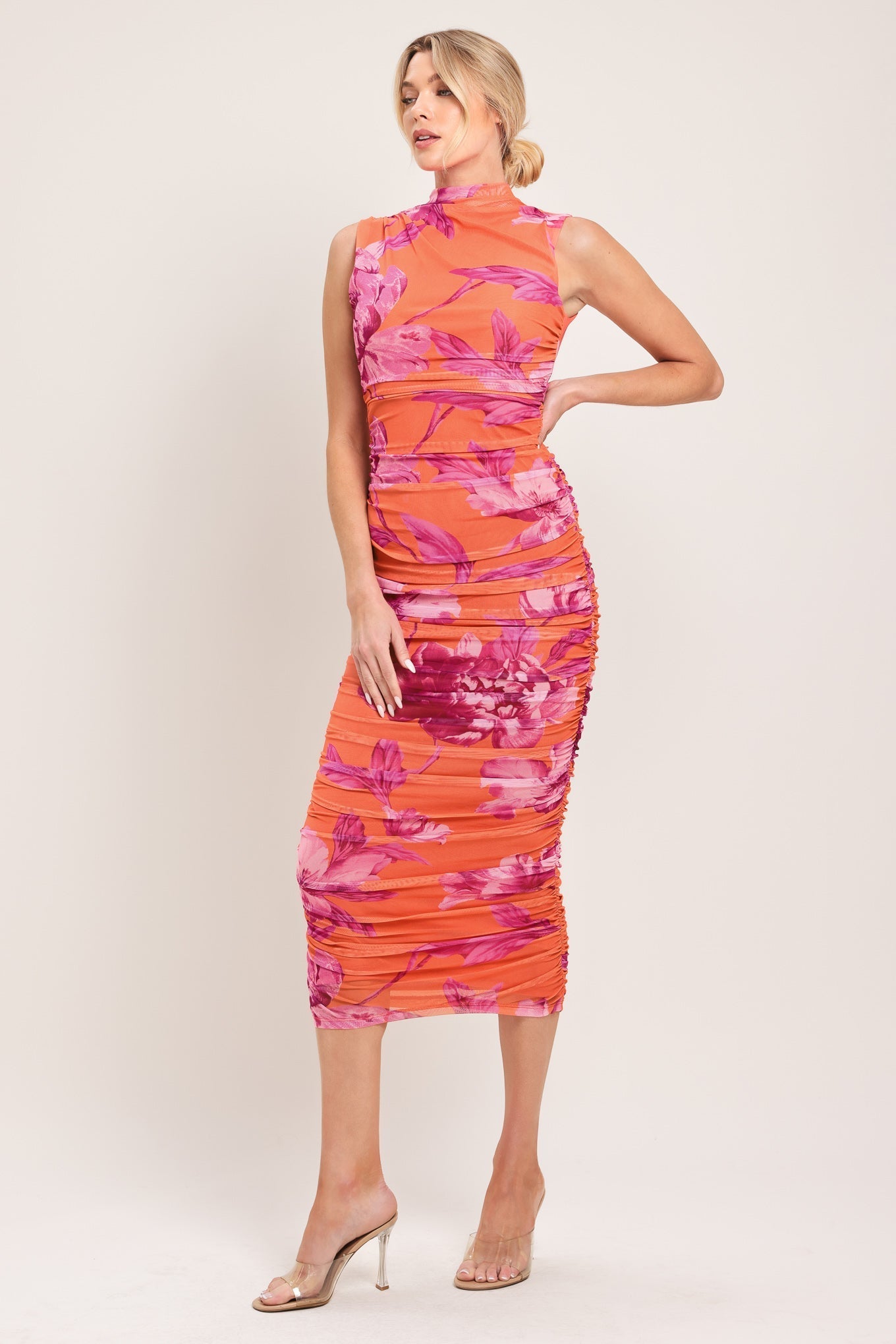 PARADISE GLOW POWER MESH MIDI DRESS Flying Tomato