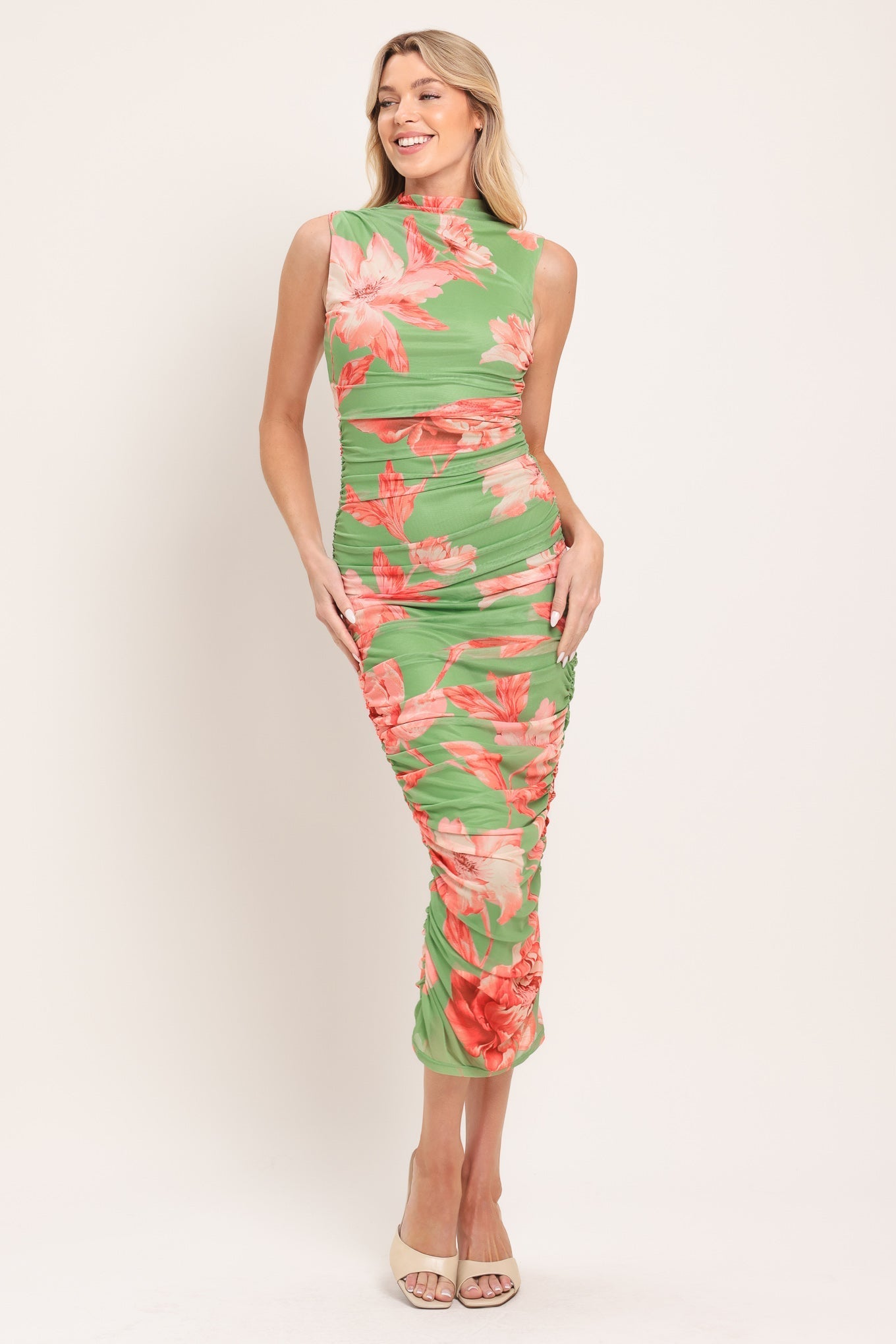 PARADISE GLOW POWER MESH MIDI DRESS Flying Tomato