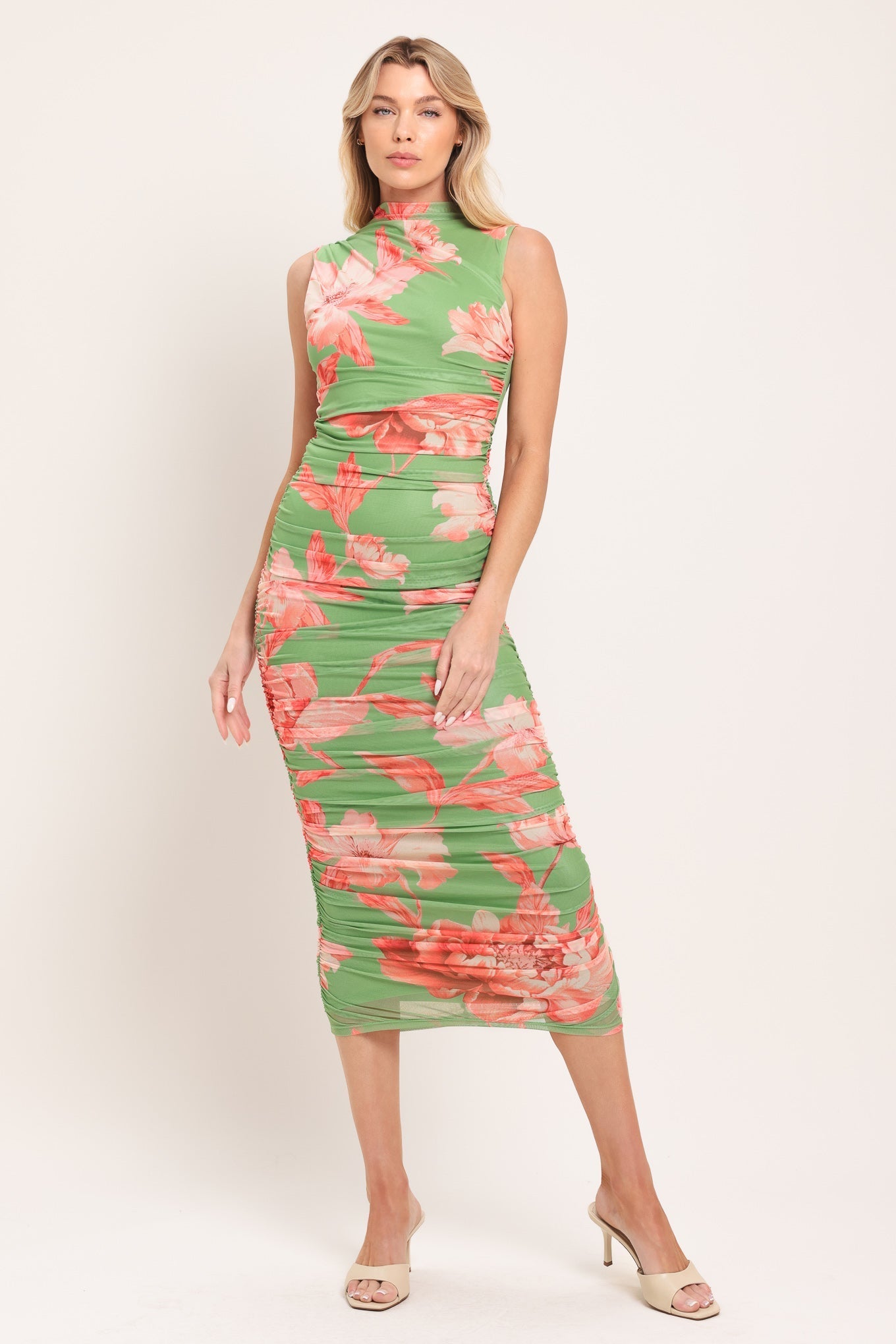 PARADISE GLOW POWER MESH MIDI DRESS Flying Tomato