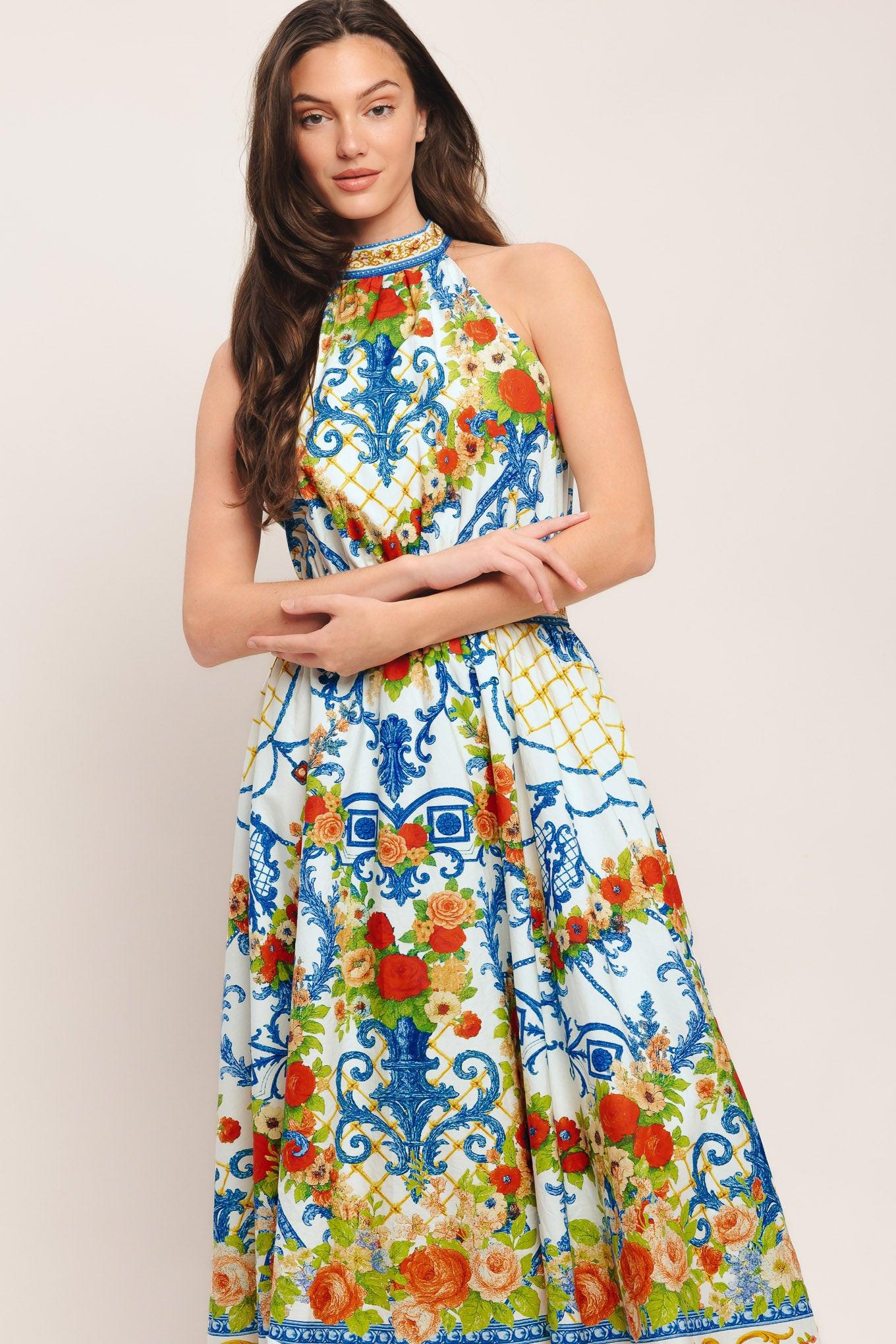 CERAMIC FLORA WOVEN MIDI DRESS Flying Tomato