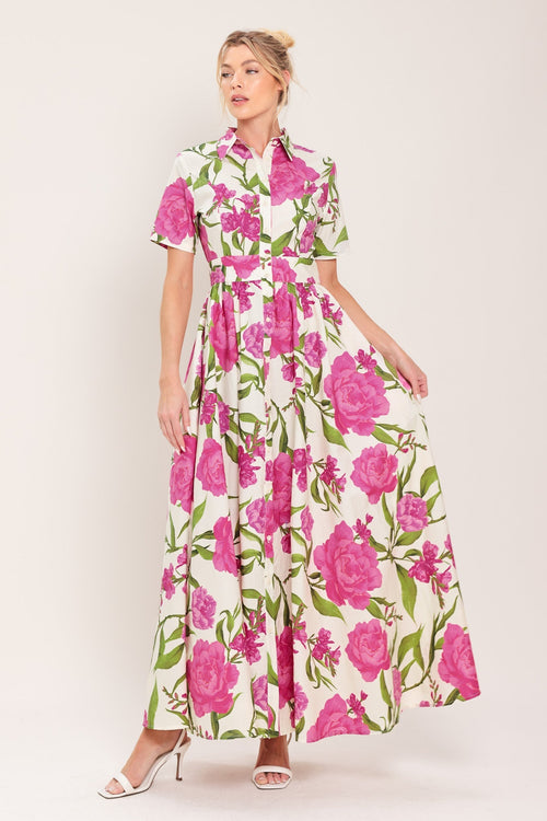 BLOOMING ROSE WOVEN MAXI SHIRT DRESS Flying Tomato