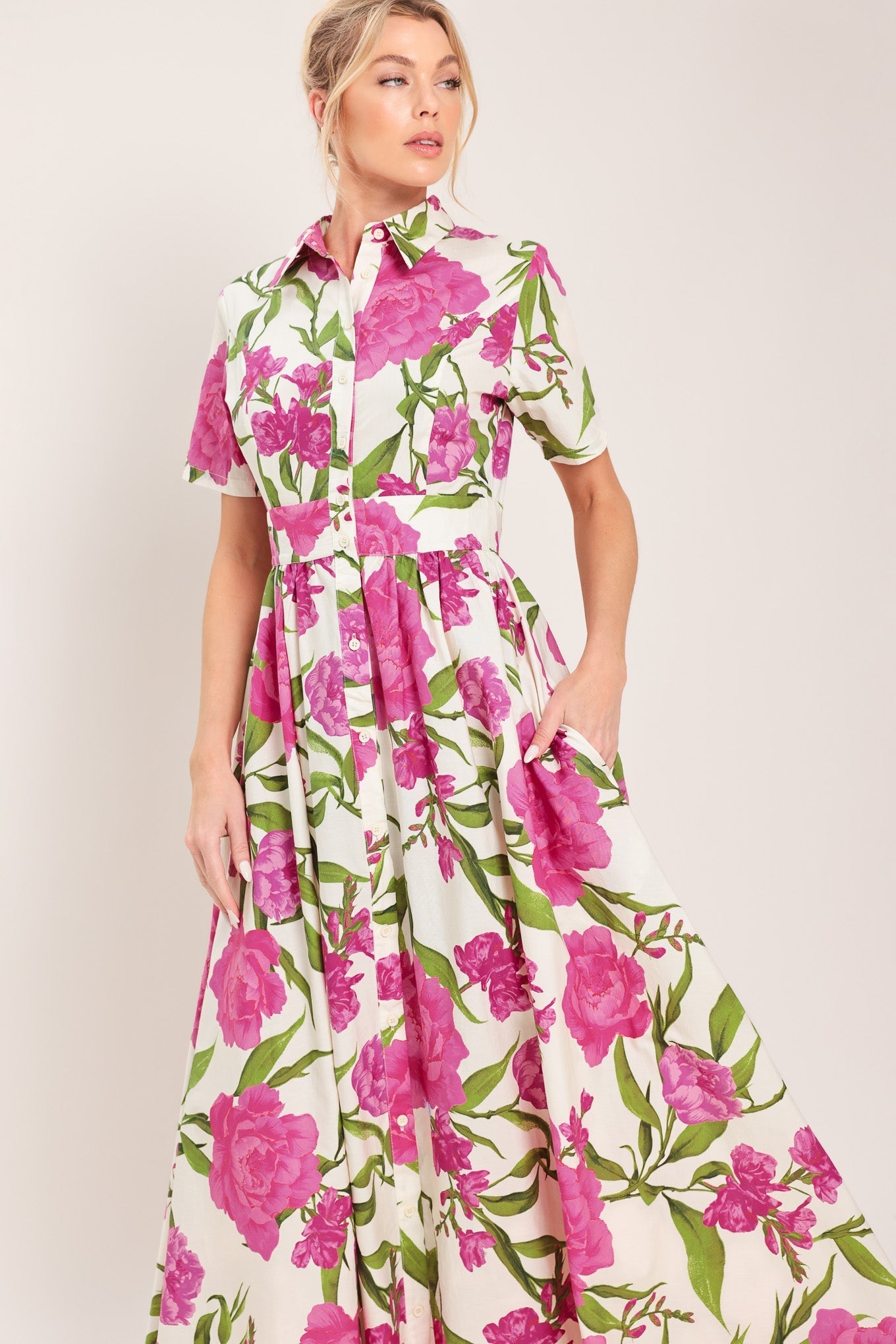 BLOOMING ROSE WOVEN MAXI SHIRT DRESS Flying Tomato
