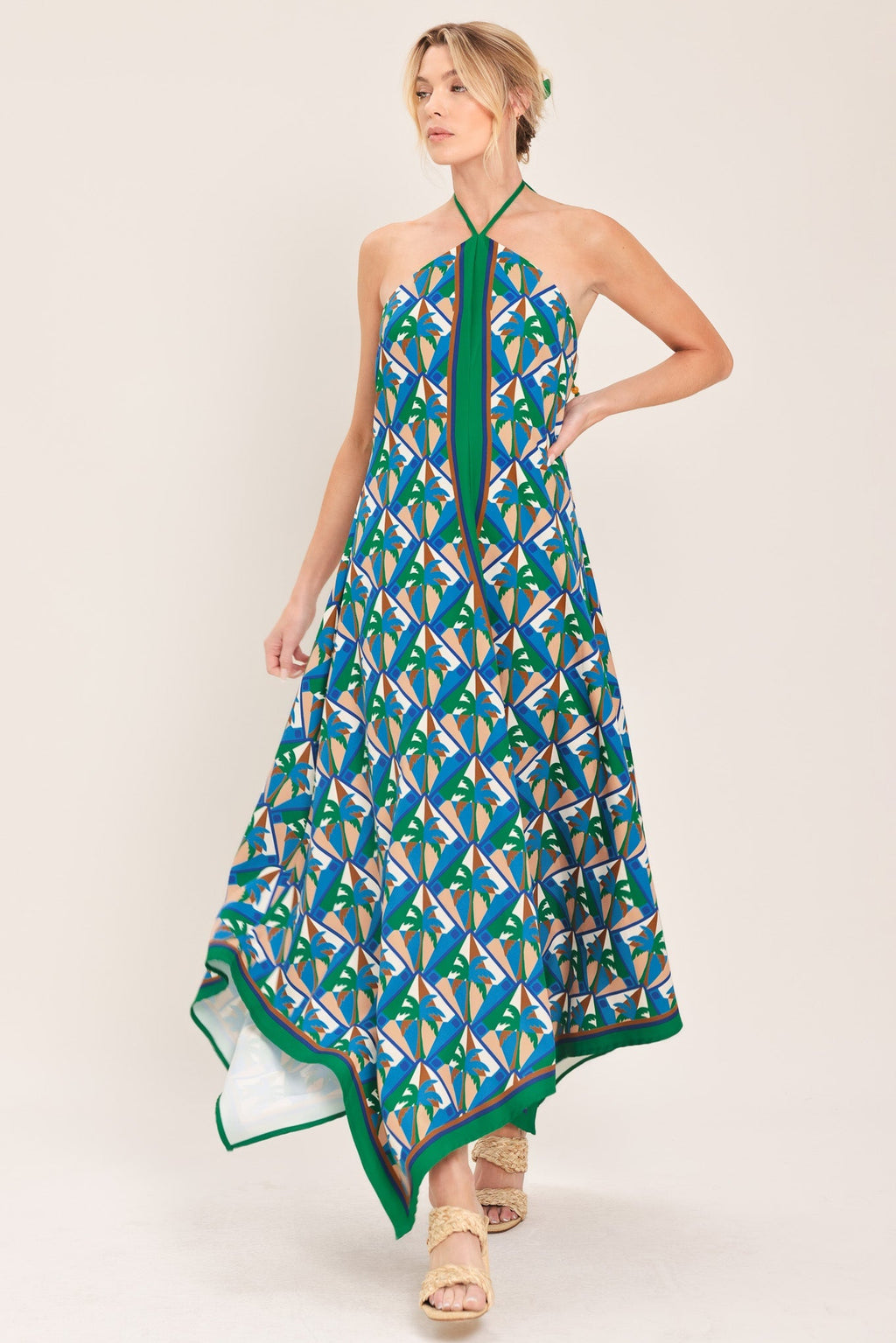 TROPICAL TEMPTATION HALTER WOVEN MIDI DRESS Flying Tomato