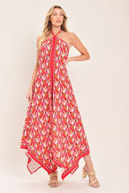 TROPICAL TEMPTATION HALTER WOVEN MIDI DRESS Flying Tomato