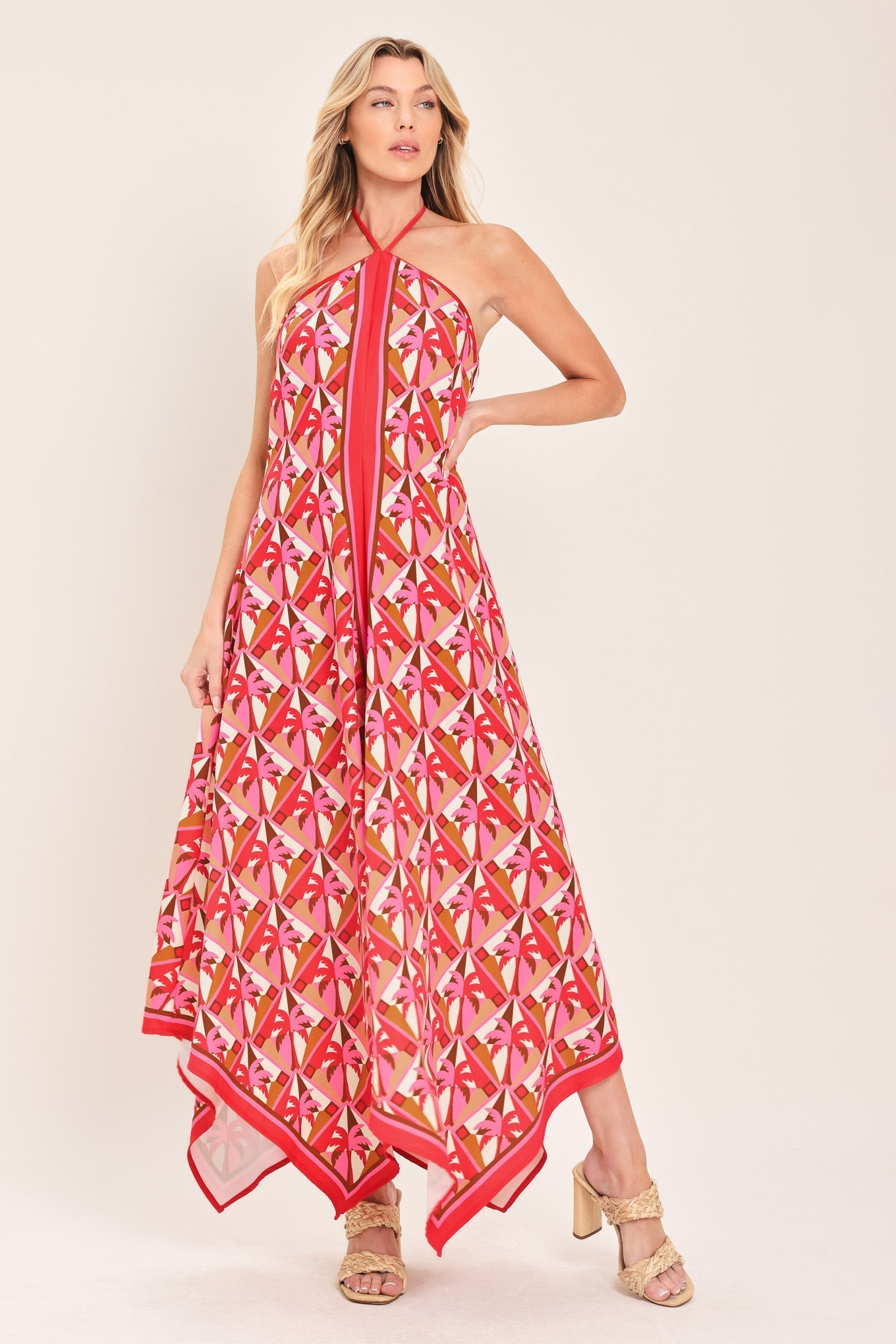 TROPICAL TEMPTATION HALTER WOVEN MIDI DRESS Flying Tomato