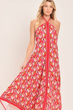 TROPICAL TEMPTATION HALTER WOVEN MIDI DRESS Flying Tomato
