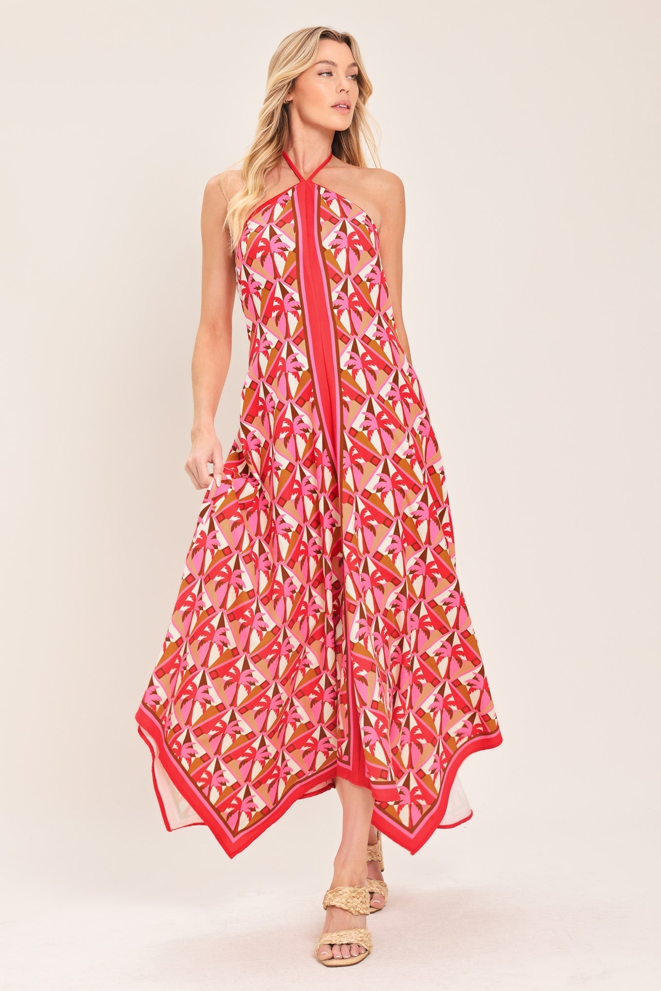 TROPICAL TEMPTATION HALTER WOVEN MIDI DRESS Flying Tomato